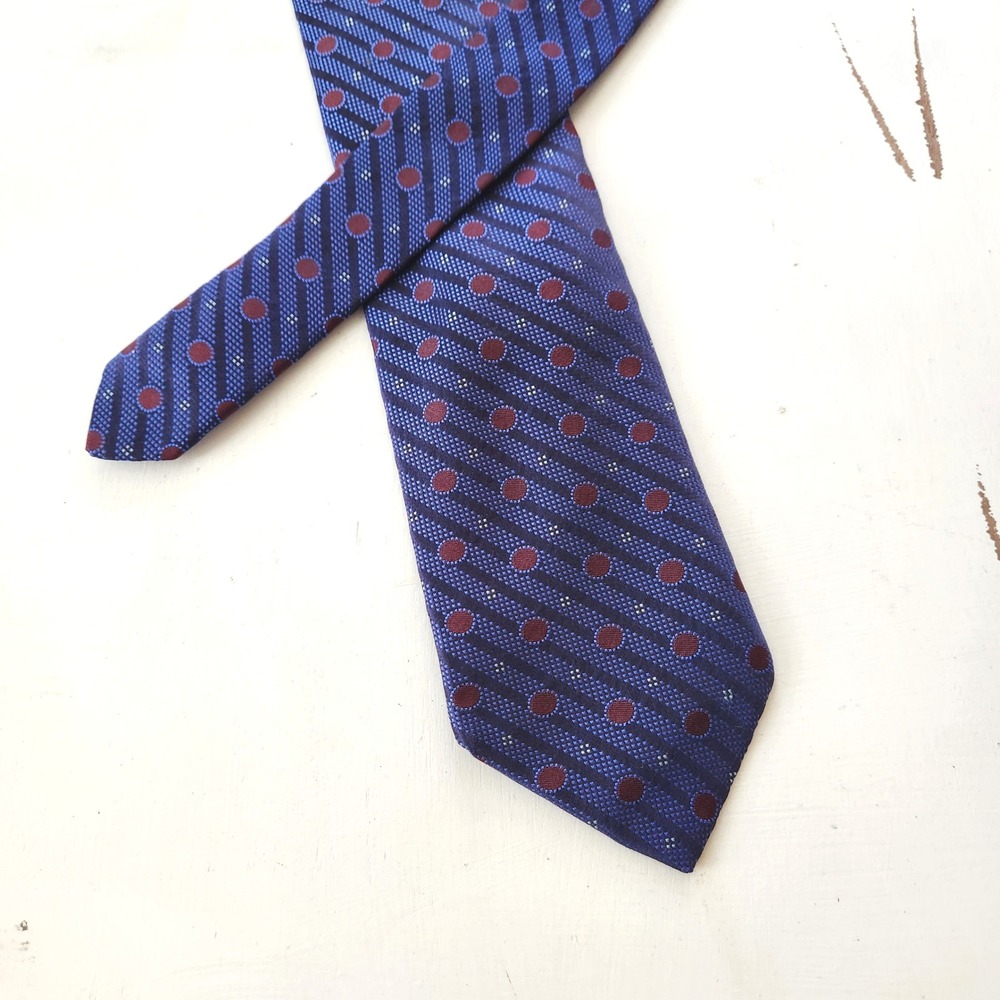Vintage Sartoria by Tom James Silk Blue Burgundy Polka Dot Stripe Necktie 60"